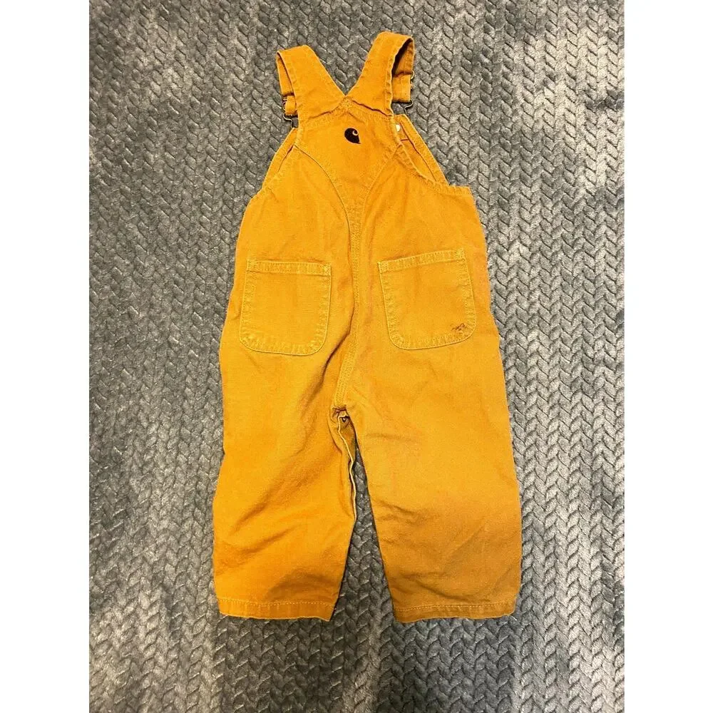 Carhartt Canvas Bib Overalls Kids 12M Brown Adjustable Strap Double Knee Snaps